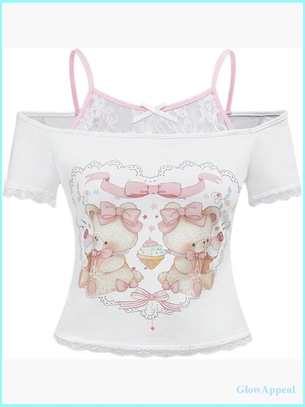 Women's Y2K Crop Top Cold Shoulder Lace Bow Graphic Tee Slim Fit Summer